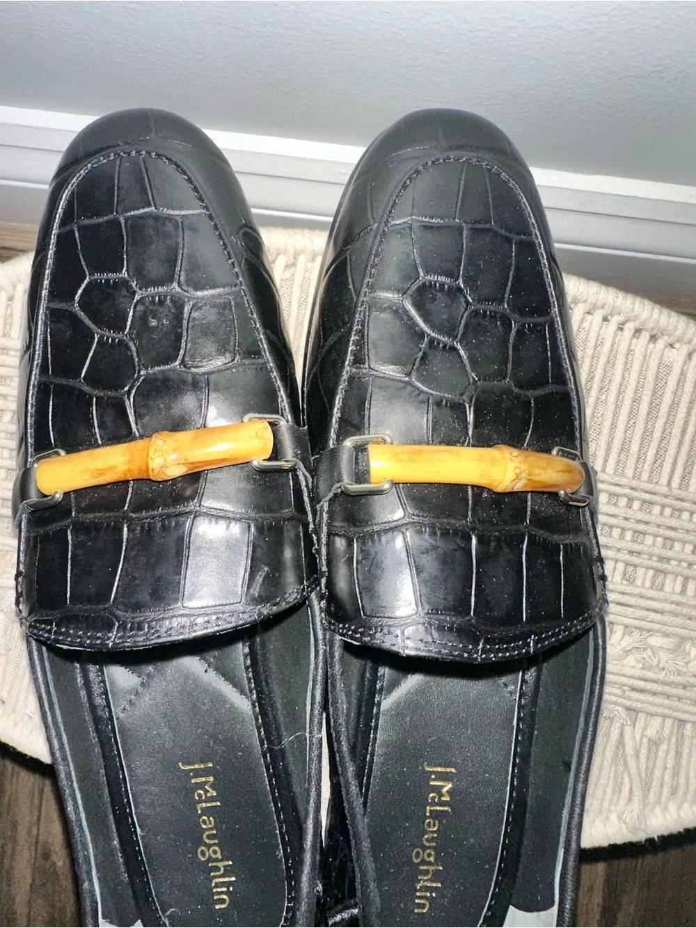 J. McLaughlin Black Croc-Embossed Leather Loafers with Gold-Tone Bar